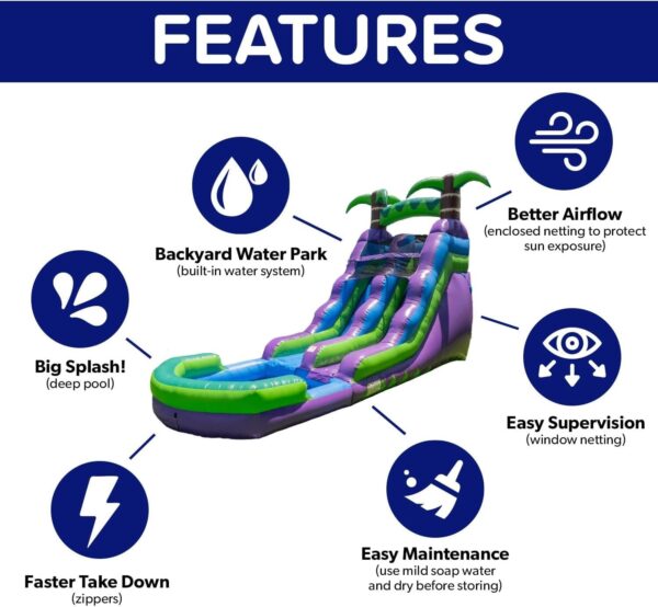 e6a79174c7994143876aecafce260cfd HeroKiddo 16′ Purple Tropical Lightweight Premium Commercial Grade Water Slide Inflatable with Attached Pool for Kids and Adults (with Blower), Wet Dry Use, Summer Fun