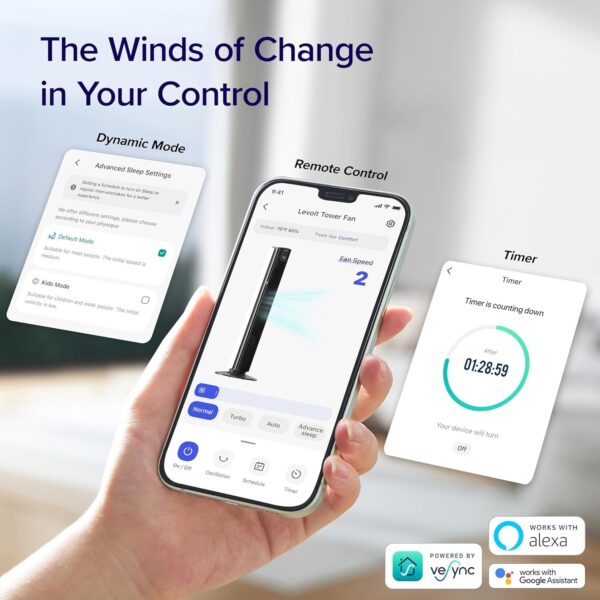 e7299ba00e65421f8282ece1a9746a3a LEVOIT Tower Fan for Bedroom, Standing Fan that Blows Cold Air for Home, 28dB Quiet for Sleep, Remote, 90° Oscillation, 12H Timer, 25ft/s Velocity, 5 Speeds, 4 Modes, Bladeless 36 inch, White