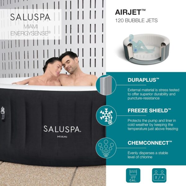 Bestway SaluSpa Miami EnergySense AirJet Inflatable Hot Tub Spa (71′′ x 26′′) | Portable Hot Tub with 2 Covers (1 Energy-Efficient Thermal Cover and 1 Standard Cover) | Fits Up to 2-4 Persons | Black