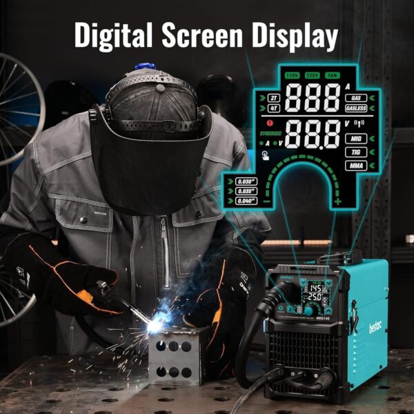 e7b259a31ef442baa0032cd1f6465848 145A MIG Welder, 110V/220V Dual Voltage Gas/Gasless Flux Core MIG Welder/Lift TIG/Stick 3 in 1 Synergic MIG145 9GEN Welding Machine, Flux/Solid Welder Digital Screen Display