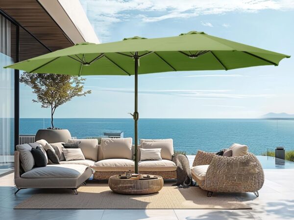 e827b3cd6aa94c7c8af92f1a1cefc2f2 15ft Patio Umbrella Double-Sided Outdoor Market Extra Large Umbrella with Crank, Umbrella Base Included (Dark Red)