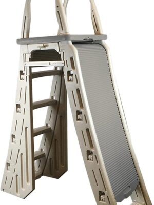 Confer Plastics 7200 Roll Guard 48′′ to 56′′ Adjustable A Frame Safety Ladder for Above Ground Outdoor Patio Swimming Pool Platform Ladder with Step Barrier, Warm Grey...