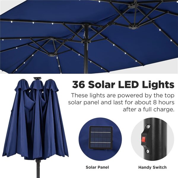 e8a6094abc4441dc921eeadd106747da 15 ft Large Patio Umbrella with Solar Lights Double-Sided Outdoor Rectangle Market Umbrellas with 36 LED Lights/Base Included/Easy Crank for Patio Garden Yard Pool Lawn, Brown
