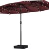 15 ft Large Patio Umbrella with Solar Lights Double-Sided Outdoor Rectangle Market Umbrellas with 36 LED Lights/Base Included/Easy Crank for Patio Garden Yard Pool Lawn, Brown