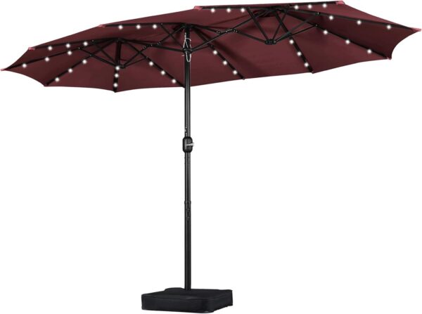 e8a9f98a7b754bc8b6454c32540743bd 15 ft Large Patio Umbrella with Solar Lights Double-Sided Outdoor Rectangle Market Umbrellas with 36 LED Lights/Base Included/Easy Crank for Patio Garden Yard Pool Lawn, Brown