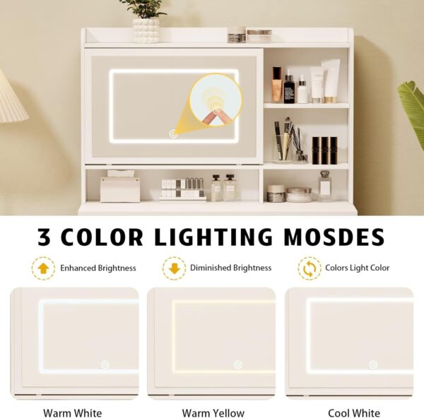 e8c9869d904641cfb6f5ec4988bfe8e9 Vanity Desk with a Mirror and Lights,with Chair and Four Drawers, Three Adjustable Lighting Modes,with Power Outlet and Sliding LED Mirror,Bedroom Vanity Desk (White)