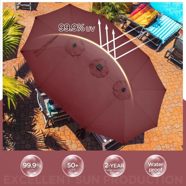 e8e7227346e643449698fcae7185c38a 15 ft Large Patio Umbrella with Solar Lights Double-Sided Outdoor Rectangle Market Umbrellas with 36 LED Lights/Base Included/Easy Crank for Patio Garden Yard Pool Lawn, Brown