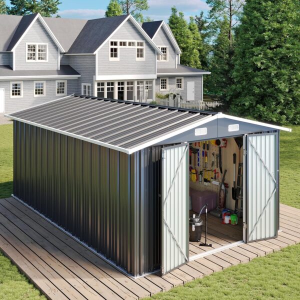 e9626e7234874d4bb71730cd815ecb2c Aoxun 6.2×4 FT Shed Outdoor Storage Shed Metal Garden Shed with Lockable Doors & Slooping Roof Tool Shed Bike Shed for Backyard, Patio, Poolside (Brown)
