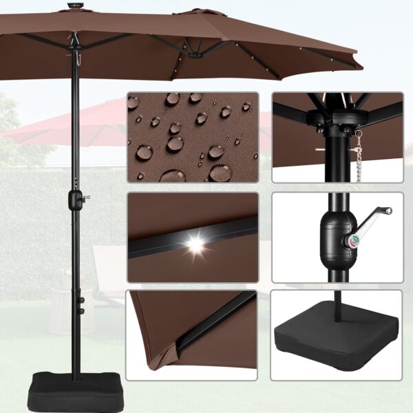 ea438b89b7984902ae3e97a4a9eb8e56 15 ft Large Patio Umbrella with Solar Lights Double-Sided Outdoor Rectangle Market Umbrellas with 36 LED Lights/Base Included/Easy Crank for Patio Garden Yard Pool Lawn, Brown
