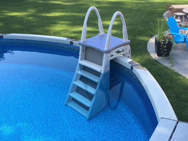 Confer Plastics 7200 Roll Guard 48′′ to 56′′ Adjustable A Frame Safety Ladder for Above Ground Outdoor Patio Swimming Pool Platform Ladder with Step Barrier, Warm Grey...