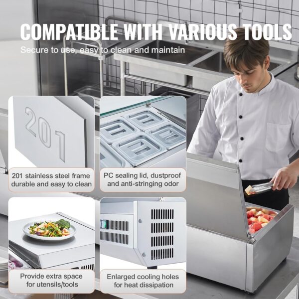 ea56f688959f4d4ba03ab6f53ea7f16d Refrigerated Condiment Prep Station, 135 W Countertop Refrigerated Condiment Station, with 2 1/3 Pans & 4 1/6 Pans, 304 Stainless Body and PC Lid, Sandwich Prep Table with Stainless Guard, ETL