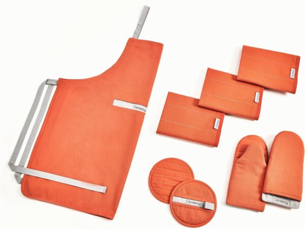 Linen Set – Apron, Pot Holders, Oven Mitts, & Tea Towels – 100% Organic Cotton – Durable, Machine Washable