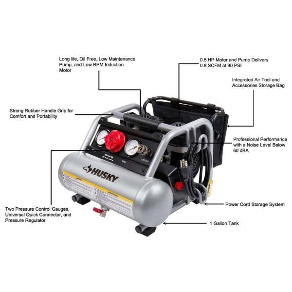 Husky 3300113 1 Gal. Portable Electric-Powered Silent Air Compressor