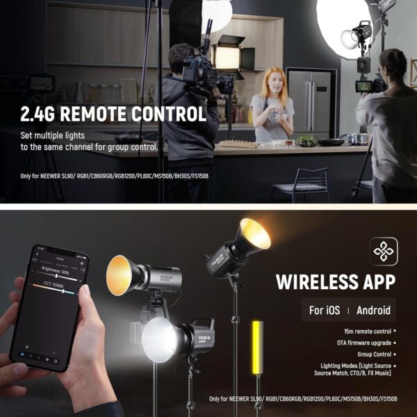 130W RGB LED Video Light APP/2.4G Control 17 Effects, 2500-7500K 19800lux/1m COB Continuous Lighting Output with CRI97/TLCI98 4 Dimming Curves, Spotlight for Studio Shoots, FS150C