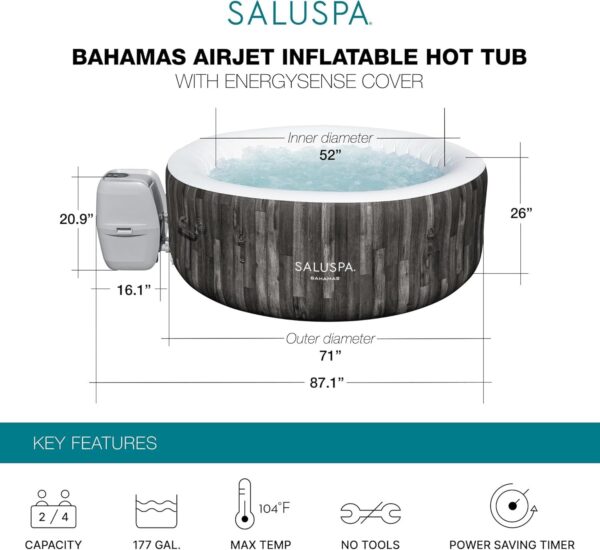 Bestway SaluSpa Fiji AirJet Large Round 2 to 4 Person Inflatable Hot Tub Portable Outdoor Spa with 120 AirJets and EnergySense Cover, Grey