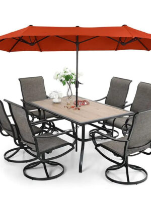 8 Pieces Patio Dining Set with Umbrella,Outdoor Furniture Set with 6 Sling Dining Swivel Chairs