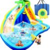 Inflatable Water Slides for Kids 8-in-1 Bounce House Water Park with 450W Blower Climbing Wall, Splash Pool, 2 Water Cannons, Basketball Hoop, Water Slide, Crocodile Sprinkler for Gift Backyard Party