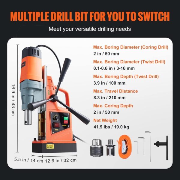 Mag Drill Press, 1550W 2′′ Boring Diameter, 2922lbf Power Magnetic Drill, 500 PRM, 10-Speed, Electric Drilling Machine for Metal Surface, Industrial and Home Improvement