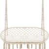 Hammock Chair Macrame Hanging Swing with Cushion,Hanging Cotton Ropes, Metal Frame, 450 lbs Capacity Indoor Outdoor, Patio, Balcony, Living,Deck, Yard, Garden(Double Swing) Beige