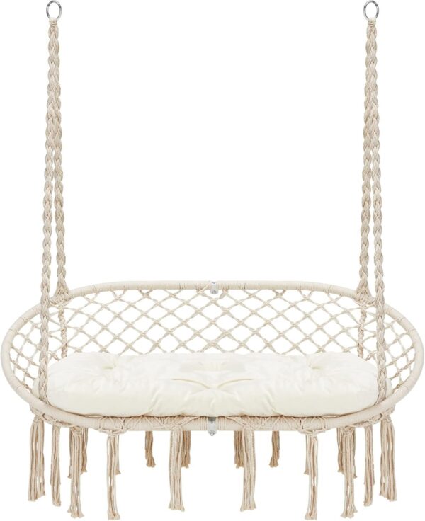 edc9b0c231984cafadc58f9cfe90c470 Hammock Chair Macrame Hanging Swing with Cushion,Hanging Cotton Ropes, Metal Frame, 450 lbs Capacity Indoor Outdoor, Patio, Balcony, Living,Deck, Yard, Garden(Double Swing) Beige