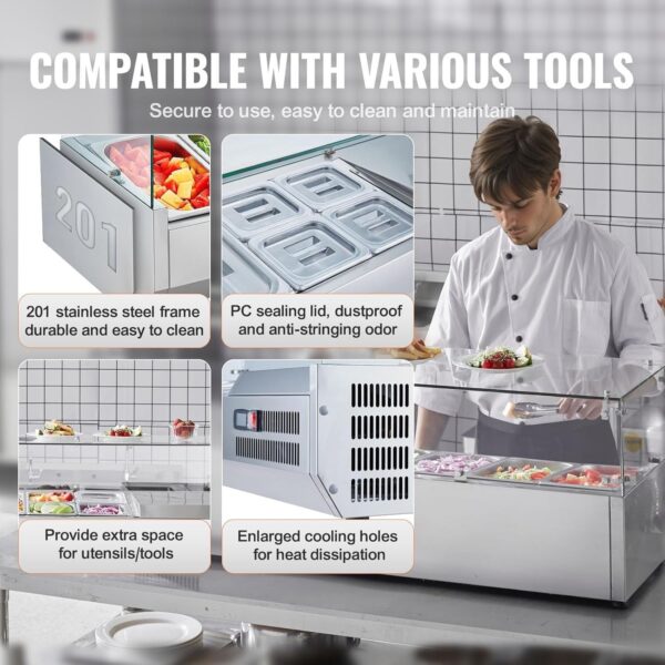 ee06b99b18a34dc2916d3bb96a8f7ade Refrigerated Condiment Prep Station, 135 W Countertop Refrigerated Condiment Station, with 2 1/3 Pans & 4 1/6 Pans, 304 Stainless Body and PC Lid, Sandwich Prep Table with Stainless Guard, ETL