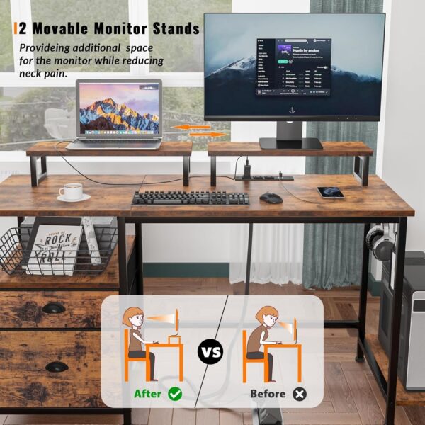 ee14b050ca5d4b4c8ab502aa4b1b16ee Furologee Computer Desk with Drawer and Power Outlets, 47′′ Office Desk with 2 Monitor Stands and Fabric File Cabinet, Writing Gaming Table with Shelves and 2 Hooks for Home Office, Rustic Brown