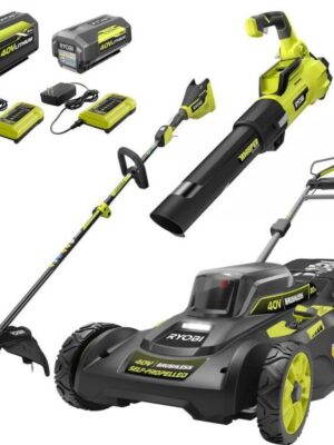 RYOBI 40V Brushless 20 in. Walk Behind Self-Propelled Mower/String Trimmer/Leaf Blower with (2) Batteries and (2) Chargers
