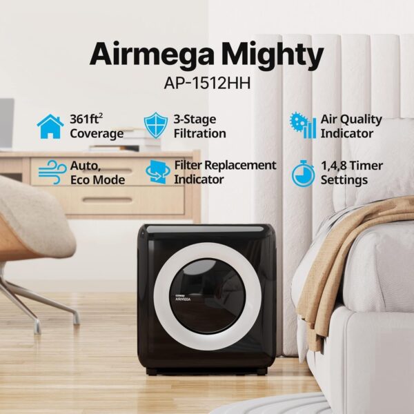 Airmega AP-1512HH(W) True HEPA Purifier with Air Quality Monitoring, Auto, Timer, Filter Indicator, and Eco Mode, 16.8 x 18.3 x 9.7, White
