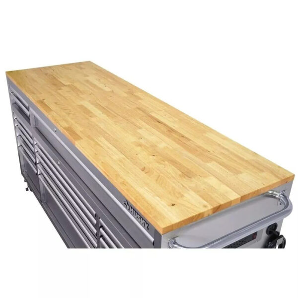 efdc16f0f6244ba0a616c581b697eb50 72 in 18-Drawer 24 in. D Mobile Workbench with Solid Wood Top Stainless Steel