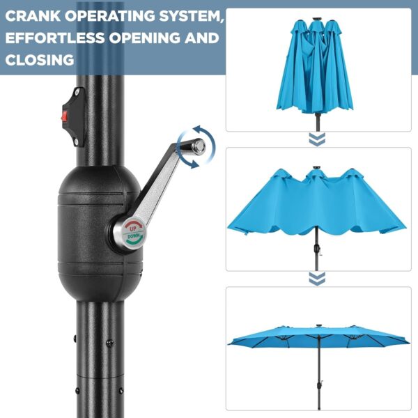 efeb449256ea4b4c85a539e2ba8581d1 15 ft Large Patio Umbrella with Solar Lights Double-Sided Outdoor Rectangle Market Umbrellas with 36 LED Lights/Base Included/Easy Crank for Patio Garden Yard Pool Lawn, Brown