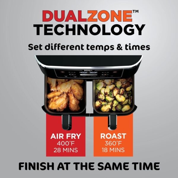f0231f9648054114a96fbc2a834d9f12 DZ401 Foodi 10 Quart 6-in-1 DualZone XL 2-Basket Air Fryer with 2 Independent Frying Baskets, Match Cook & Smart Finish to Roast, Broil, Dehydrate for Quick, Easy Family-Sized Meals, Grey