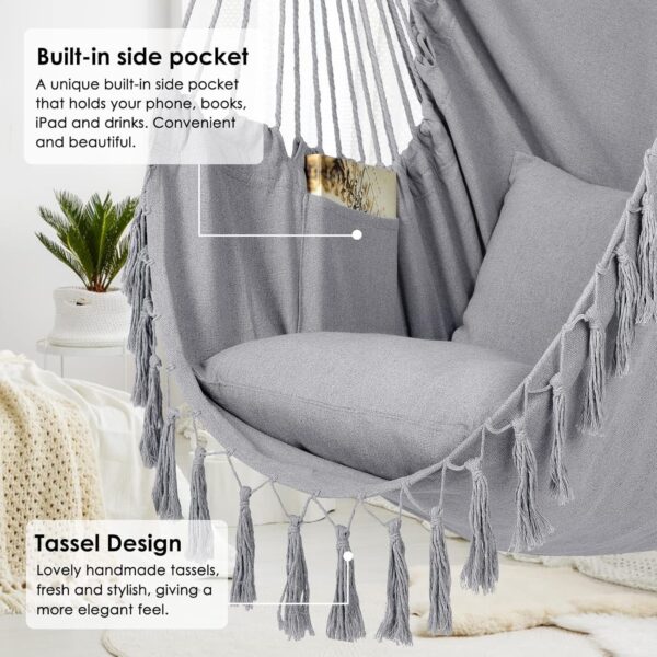 f038005db043474f8f36c49ace17c3f9 Y- Stop Hammock Chair Hanging Rope Swing, Max 500 Lbs, 2 Cushions Included, Large Macrame Hanging Chair with Pocket for Superior Comfort, with Hardware Kit (Beige)