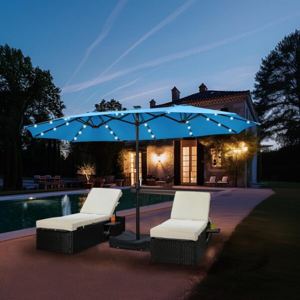 f072cf14c4404a5db1331a21f50d40c7 15 ft Large Patio Umbrella with Solar Lights Double-Sided Outdoor Rectangle Market Umbrellas with 36 LED Lights/Base Included/Easy Crank for Patio Garden Yard Pool Lawn, Brown