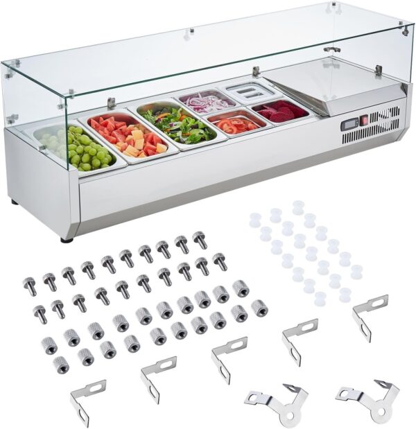 f084d4606f164bc7875bd8bbbe97c050 Refrigerated Condiment Prep Station, 135 W Countertop Refrigerated Condiment Station, with 2 1/3 Pans & 4 1/6 Pans, 304 Stainless Body and PC Lid, Sandwich Prep Table with Stainless Guard, ETL