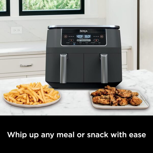 f08be286eb8743d0b37948b5c27f7a48 DZ401 Foodi 10 Quart 6-in-1 DualZone XL 2-Basket Air Fryer with 2 Independent Frying Baskets, Match Cook & Smart Finish to Roast, Broil, Dehydrate for Quick, Easy Family-Sized Meals, Grey
