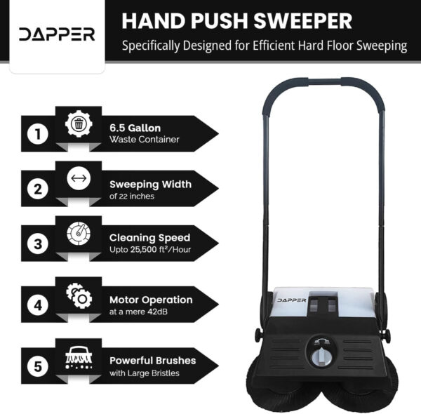 f0ac29455e34489dadb1f8a0cc330538 Walk-Behind Outdoor Hand Push Floor Sweeper – 5.25 Gallon Capacity – 25.5′′ Sweeping Width – Sweeps up to 27,900 ft2 / Hour, Grey