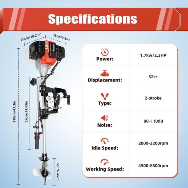 f1dca1f7f0c344d2b991828f27102b03 2.3HP 2 Stroke Outboard Motor, 52cc Marine Boat Motor with Air Cooling System, Manual Pull Start for Fishing Boats Water Motor Tools, CDI Ignition System, 3-Blade Propeller, Anti-Vortex Baffle