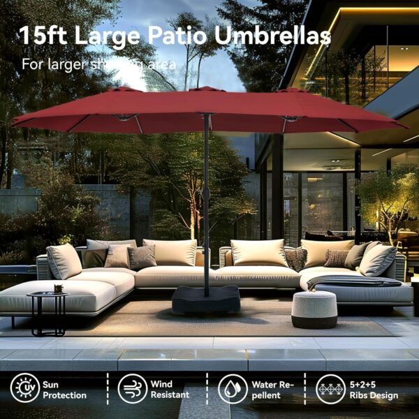 f1efe5559f7342e89ed8c81dd01edb19 15ft Patio Umbrella Double-Sided Outdoor Market Extra Large Umbrella with Crank, Umbrella Base Included (Dark Red)