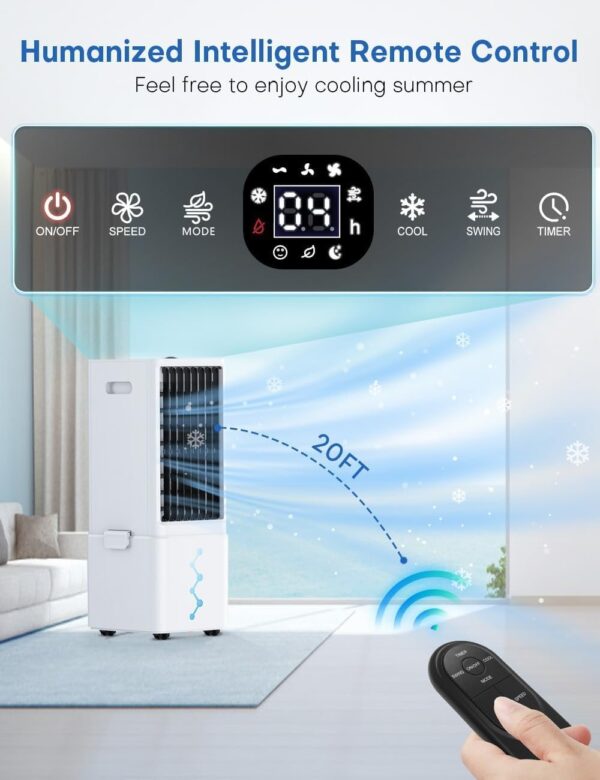 Portable Air Conditioners w/Remote, 4 Modes & 3 Speeds, Waterless Alert System & 2.4-Gal Tank for 20H Cooling, 12H Timer for Auto Off, 3-IN-1 Evaporative Air Cooler for Room Bedroom Home