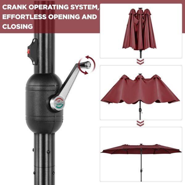 f2c253e0418d4828b6f9658b66972665 15 ft Large Patio Umbrella with Solar Lights Double-Sided Outdoor Rectangle Market Umbrellas with 36 LED Lights/Base Included/Easy Crank for Patio Garden Yard Pool Lawn, Brown