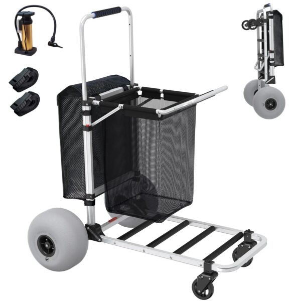 GDLF Foldable Beach Cart with Adjustable Handle and 12′′ Balloon Wheels, Heavy Duty Aluminum 220LBS Capacity