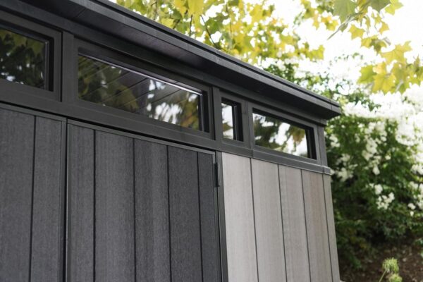 Keter Artisan 11×7 Modern Resin Outdoor Storage Shed Kit-Perfect to Store Patio Furniture, Garden Tools Bike Accessories, Beach Chairs and Lawn Mower, Grey & Black