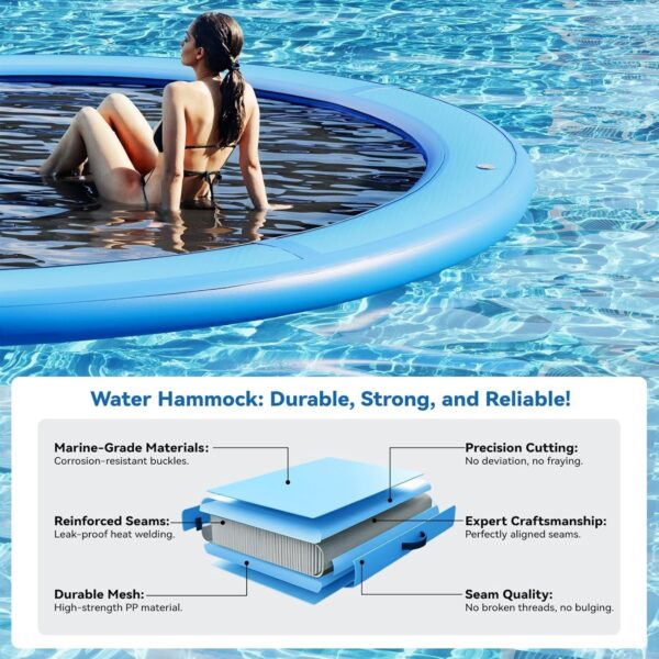 f3529f2aaf4040bebe92b7b721325c08 Round Inflatable Floating Dock, Sunchill Float Ring, Hammock Tanning Pool with 4in Woven Fabric, Manual Pump for 1-2 Min Quick Inflate/Deflate, Fits 2-8, Ideal for Lakes, Pools, Oceans