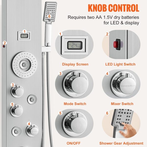 Shower Panel System, 6 Shower Modes, LED & Display Shower Panel Tower, Rainfall, Waterfall, 4 Body Massage Jets, Tub Spout, Handheld Shower Head 59′′ Hose, Stainless Steel Wall-Mounted Shower Set