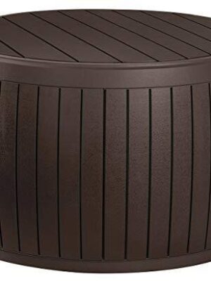 Keter Circa 37 Gallon Round Deck Box, Patio Table for Outdoor Cushion Storage, Brown