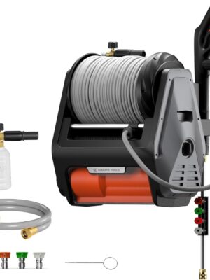 Pressure Washer Pro, Electric Wall Mount Power Washer with 100FT Retractable Pressure Hoses, 3300PSI, 1.6GPM, 4 Nozzles, Foam Cannon for Cars/Patios, Dark Silver