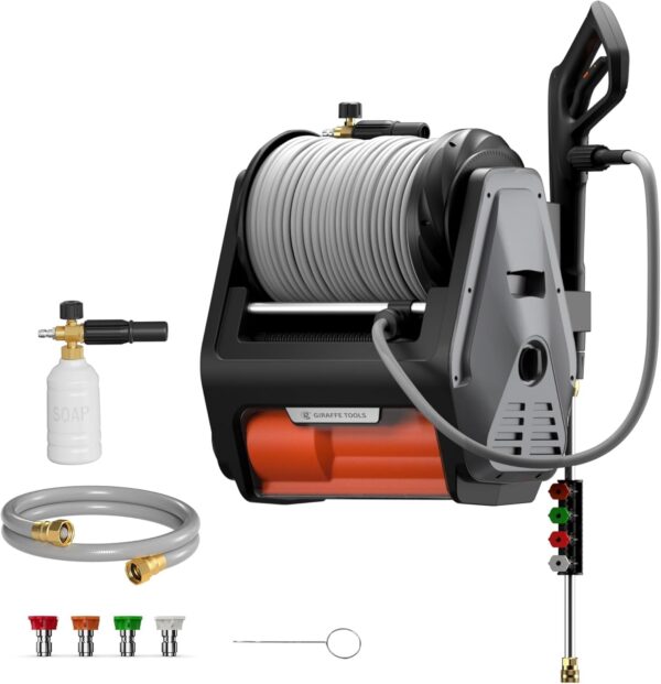 Pressure Washer Pro, Electric Wall Mount Power Washer with 100FT Retractable Pressure Hoses, 3300PSI, 1.6GPM, 4 Nozzles, Foam Cannon for Cars/Patios, Dark Silver