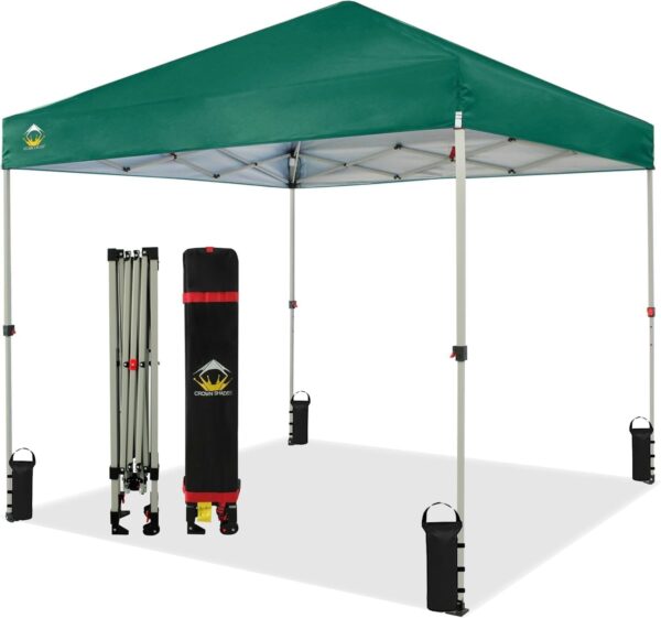 CROWN SHADES 10×10 Pop Up Canopy – Beach Tent with One Push Setup – Easy Outdoor Sun Shade for Events, Parties, Camping – Gazebo with STO-N-Go Cover Bag, Silver Coated Top, White