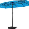 15 ft Large Patio Umbrella with Solar Lights Double-Sided Outdoor Rectangle Market Umbrellas with 36 LED Lights/Base Included/Easy Crank for Patio Garden Yard Pool Lawn, Brown