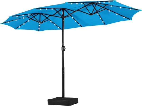 f4694f64b17a4c588ca4df272e4ed00a 15 ft Large Patio Umbrella with Solar Lights Double-Sided Outdoor Rectangle Market Umbrellas with 36 LED Lights/Base Included/Easy Crank for Patio Garden Yard Pool Lawn, Brown